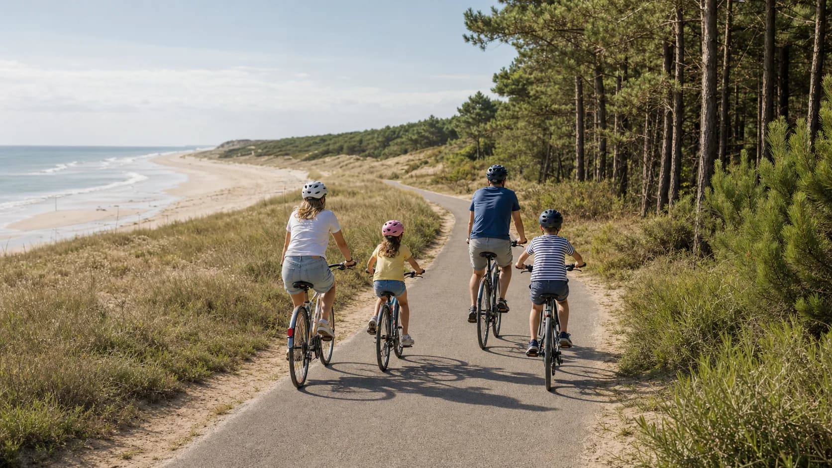 Une famille à vélo sur une piste côtière entre la plage et la forêt de pins