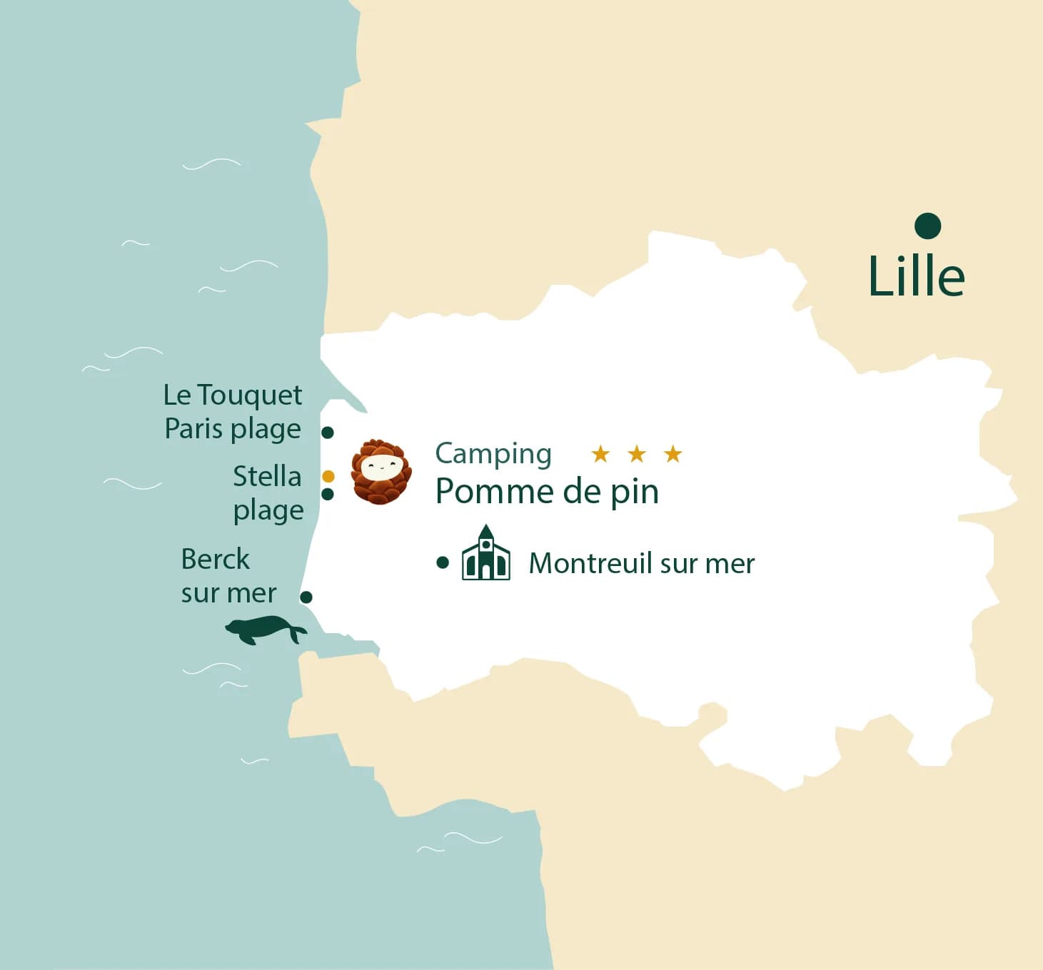 Carte illustrée de la Côte d'Opale situant le Camping Pomme de Pin entre Le Touquet, Stella-Plage et Berck